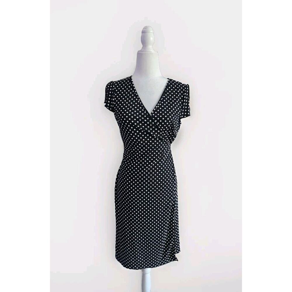 BcbgMaxAzria Dress Women Medium Black White Polka Dot Swing Wrap Career Casual
